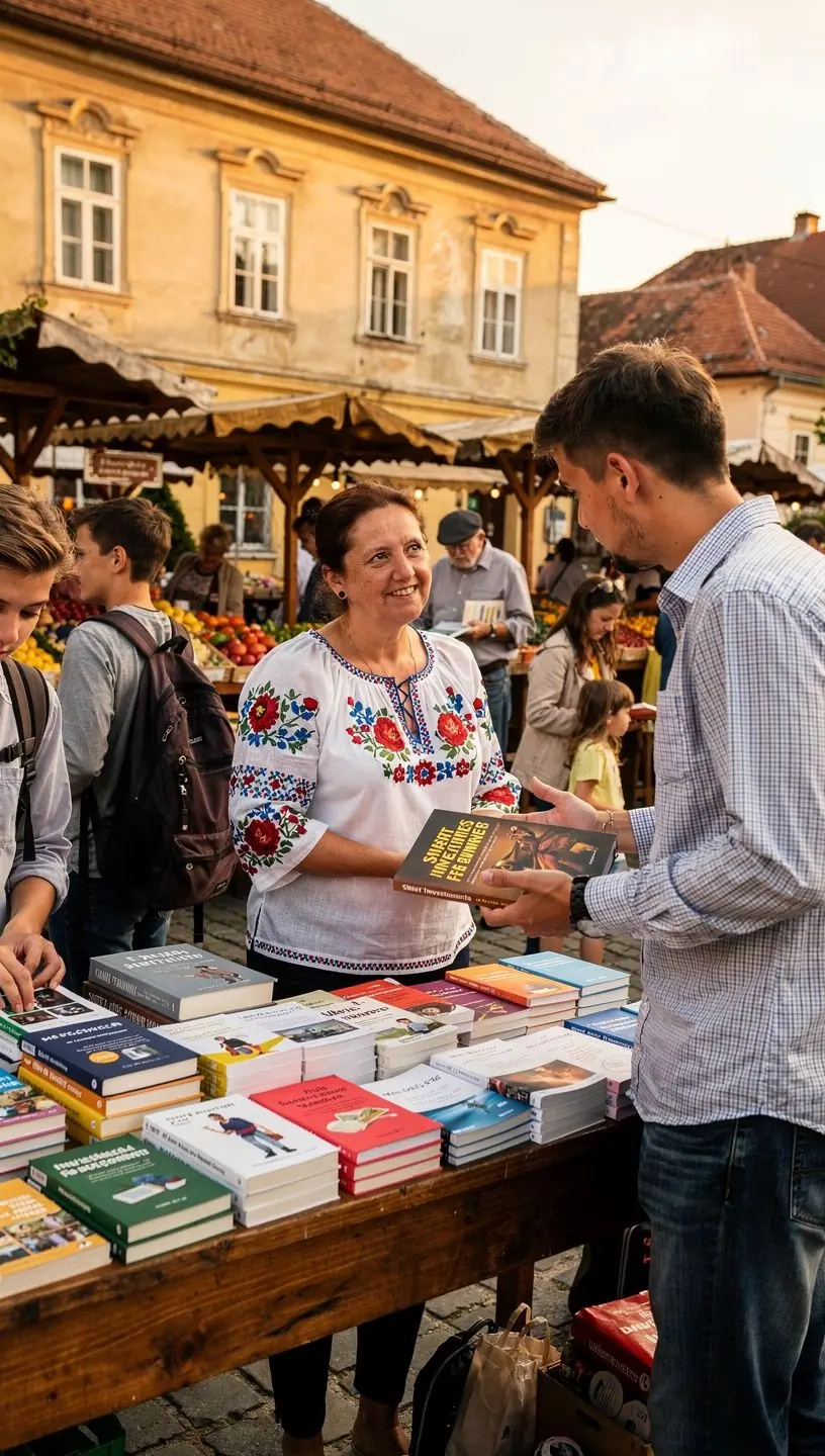 Közösségi klub tagjai pénzügyi tervező könyveket böngésznek egy rendezvényen