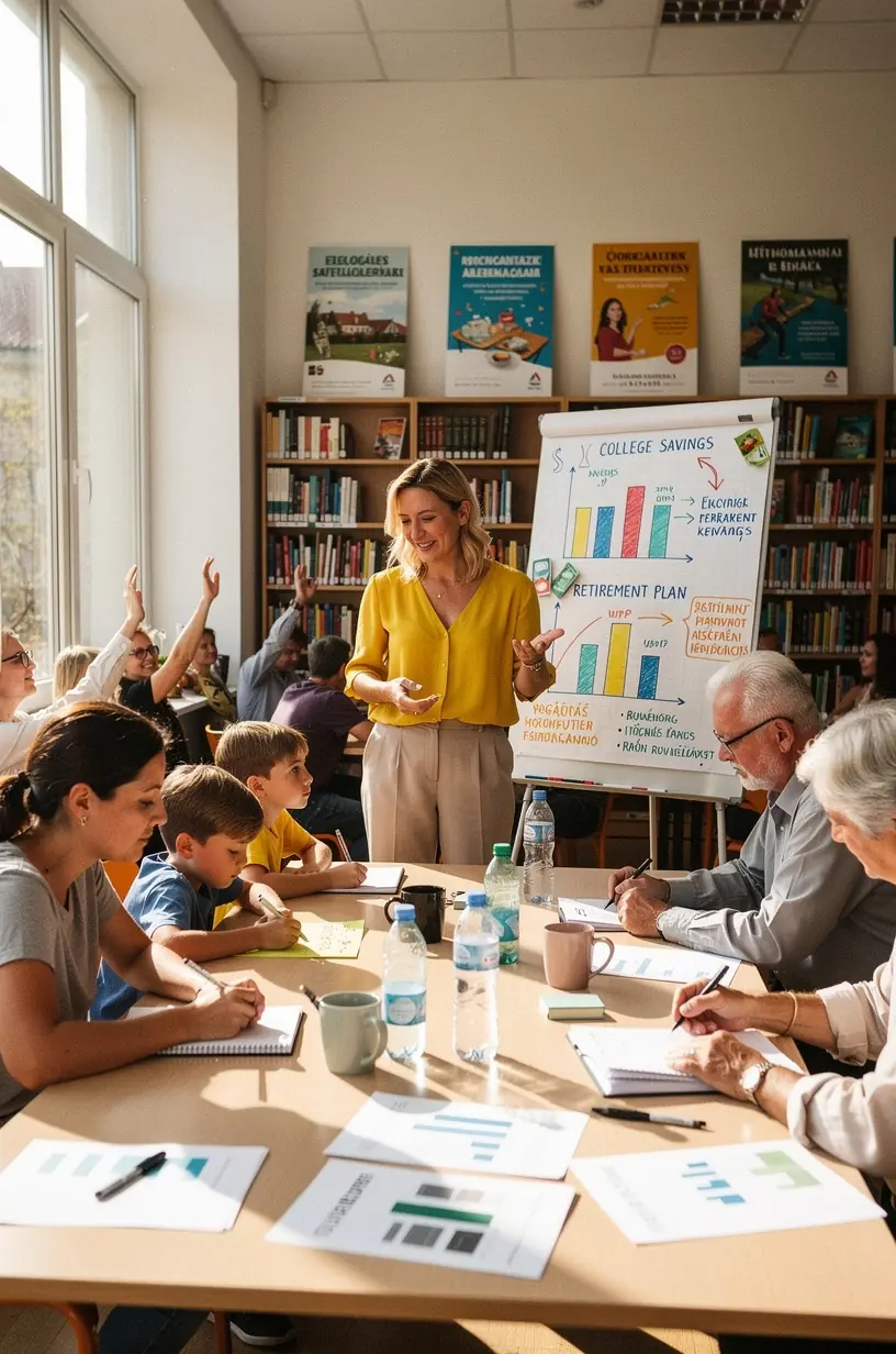 Pénzügyi tervezők és könyvek kiállítása egy közösségi klubban, ahol az érdeklődők tanácsokat kapnak
